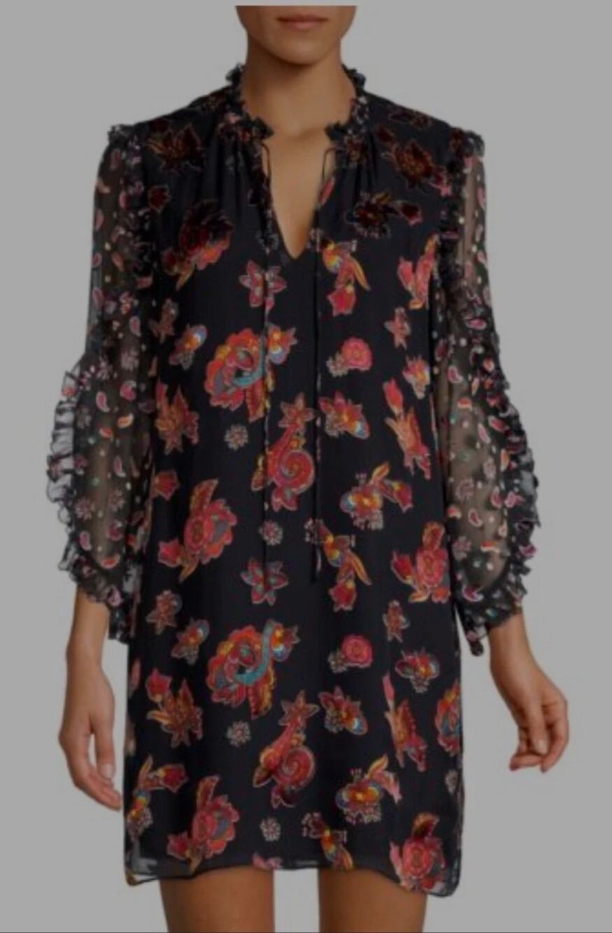 Alice + Olivia Bohemian Paisley Floral Sheer Long Sleeve Mini Dress Large NWT